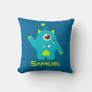 Alien à trois yeux bleu & vert nom enfant coussin