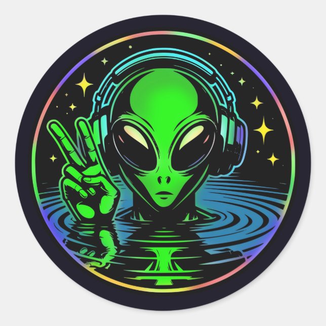 Alien auf Kopfhörern, die Friedenszeichen verleihe Runder Aufkleber (Vorderseite)