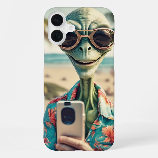 Alien Beach Selfie Retro Art iPhone 16 Plus Hülle (Rückseite)