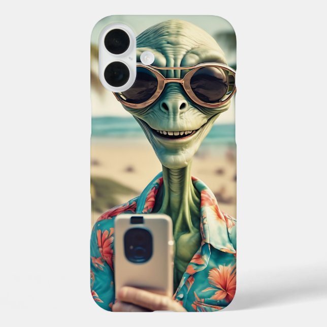 Alien Beach Selfie Retro Art iPhone 16 Plus Hülle (Rückseite)