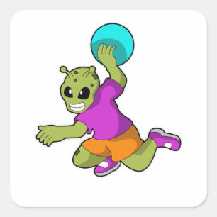 Alien beim Handballspieler mit Handball Quadratischer Aufkleber