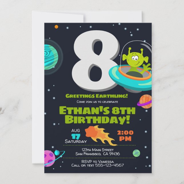 Alien Birthday Einladung, Weltraum zum Geburtstag  Einladung (Vorderseite)