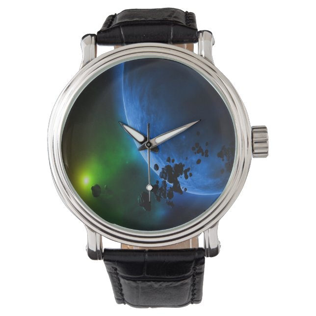 Alien Blue Planets & Asteroide Armbanduhr (Vorderseite)