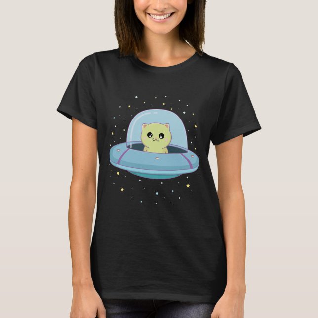 alien chat volant alien soucoupe T-shirt (Devant)