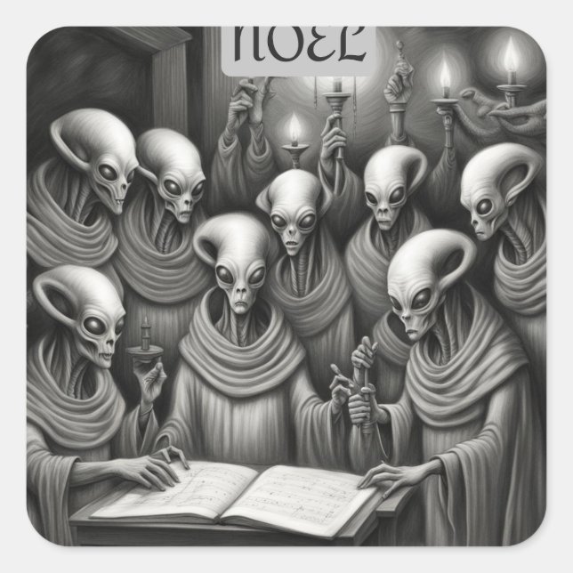 Alien Christmas Carol Choir Quadratischer Aufkleber (Vorderseite)