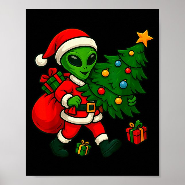 Alien Christmas Tree Xmas Lights Funny Holiday Men Poster (Vorne)