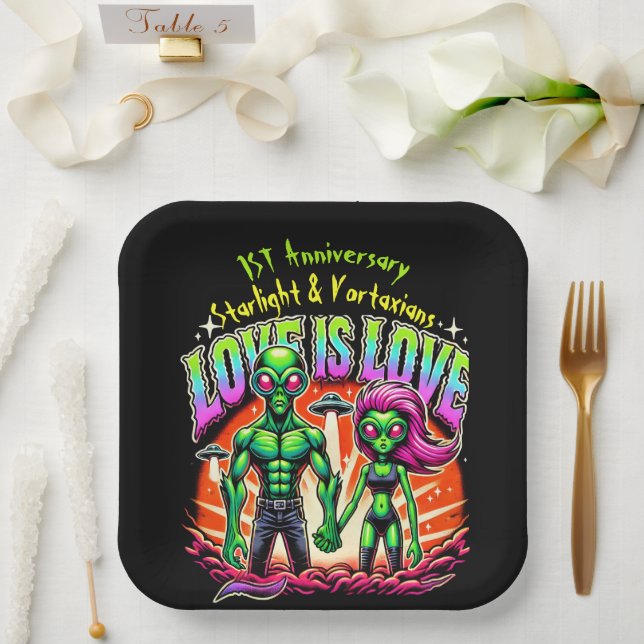 Alien Couple in kosmischer Liebe Pappteller (Hochzeit)