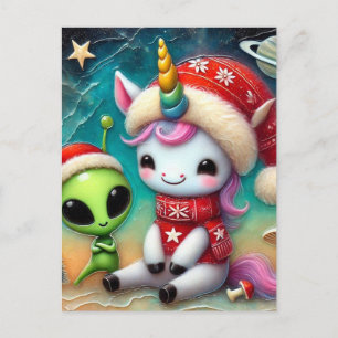 Alien de Noël festif et carte postale Unicorn