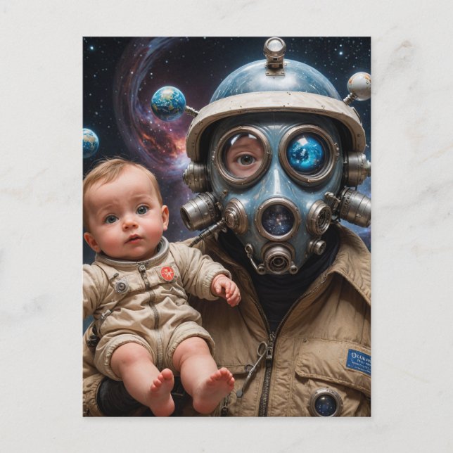 Alien der Gasmaske mit Baby im Weltraum Postkarte (Vorderseite)