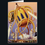 Alien der Vintagen Science Fiction<br><div class="desc">Vintage Illustration Außerirdischen und Roboter Science Fiction Bild mit einem großen futuristischen Alien Oktopus wie Monster einmarschieren in einer Stadt und sammeln einen Bus voller Menschen. Ein Retro-Sci-fi-Comic Buch-Design mit einem Geschöpf zerstört eine Metropole der Zukunft und die Menschen fallen aus dem Bus auf den städtischen Boden unten.</div>