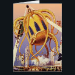 Alien der Vintagen Science Fiction<br><div class="desc">Vintage Illustration Außerirdischen und Roboter Science Fiction Bild mit einem großen futuristischen Alien Oktopus wie Monster einmarschieren in einer Stadt und sammeln einen Bus voller Menschen. Ein Retro-Sci-fi-Comic Buch-Design mit einem Geschöpf zerstört eine Metropole der Zukunft und die Menschen fallen aus dem Bus auf den städtischen Boden unten.</div>