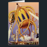 Alien der Vintagen Science Fiction<br><div class="desc">Vintage Illustration Außerirdischen und Roboter Science Fiction Bild mit einem großen futuristischen Alien Oktopus wie Monster einmarschieren in einer Stadt und sammeln einen Bus voller Menschen. Ein Retro-Sci-fi-Comic Buch-Design mit einem Geschöpf zerstört eine Metropole der Zukunft und die Menschen fallen aus dem Bus auf den städtischen Boden unten.</div>