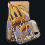 Alien der Vintagen Science Fiction Automatte<br><div class="desc">Vintage Illustration Außerirdischen und Roboter Science Fiction Bild mit einem großen futuristischen Alien Oktopus wie Monster einmarschieren in einer Stadt und sammeln einen Bus voller Menschen. Ein Retro-Sci-fi-Comic Buch-Design mit einem Geschöpf zerstört eine Metropole der Zukunft und die Menschen fallen aus dem Bus auf den städtischen Boden unten.</div>
