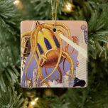 Alien der Vintagen Science Fiction Keramikornament<br><div class="desc">Vintage Illustration Außerirdischen und Roboter Science Fiction Bild mit einem großen futuristischen Alien Oktopus wie Monster einmarschieren in einer Stadt und sammeln einen Bus voller Menschen. Ein Retro-Sci-fi-Comic Buch-Design mit einem Geschöpf zerstört eine Metropole der Zukunft und die Menschen fallen aus dem Bus auf den städtischen Boden unten.</div>