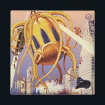 Alien der Vintagen Science Fiction Magnet<br><div class="desc">Vintage Illustration Außerirdischen und Roboter Science Fiction Bild mit einem großen futuristischen Alien Oktopus wie Monster einmarschieren in einer Stadt und sammeln einen Bus voller Menschen. Ein Retro-Sci-fi-Comic Buch-Design mit einem Geschöpf zerstört eine Metropole der Zukunft und die Menschen fallen aus dem Bus auf den städtischen Boden unten.</div>