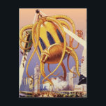 Alien der Vintagen Science Fiction Postkarte<br><div class="desc">Vintage Illustration Außerirdischen und Roboter Science Fiction Bild mit einem großen futuristischen Alien Oktopus wie Monster einmarschieren in einer Stadt und sammeln einen Bus voller Menschen. Ein Retro-Sci-fi-Comic Buch-Design mit einem Geschöpf zerstört eine Metropole der Zukunft und die Menschen fallen aus dem Bus auf den städtischen Boden unten.</div>