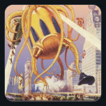 Alien der Vintagen Science Fiction Quadratischer Aufkleber<br><div class="desc">Vintage Illustration Außerirdischen und Roboter Science Fiction Bild mit einem großen futuristischen Alien Oktopus wie Monster einmarschieren in einer Stadt und sammeln einen Bus voller Menschen. Ein Retro-Sci-fi-Comic Buch-Design mit einem Geschöpf zerstört eine Metropole der Zukunft und die Menschen fallen aus dem Bus auf den städtischen Boden unten.</div>