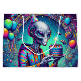 Alien, die Birthday Cake hält Große Geschenktüte