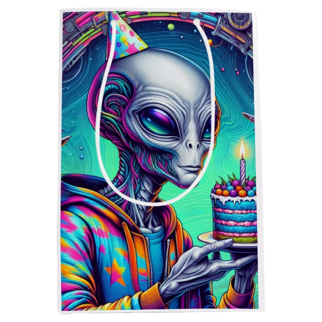 Alien, die Birthday Cake hält Mittlere Geschenktüte (Vorderseite)