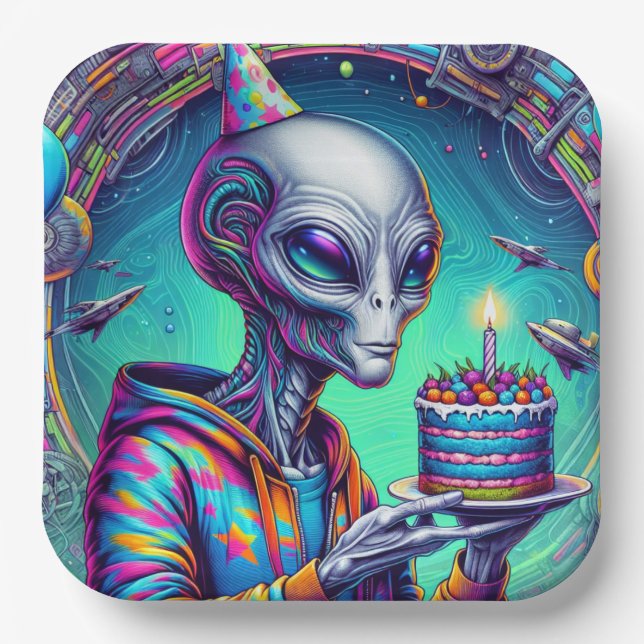 Alien, die Birthday Cake hält Pappteller (Vorderseite)