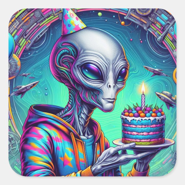 Alien, die Birthday Cake hält Quadratischer Aufkleber (Vorderseite)