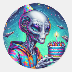 Alien, die Birthday Cake hält Runder Aufkleber