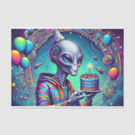 Alien, die Birthday Cake hält Seidenpapier