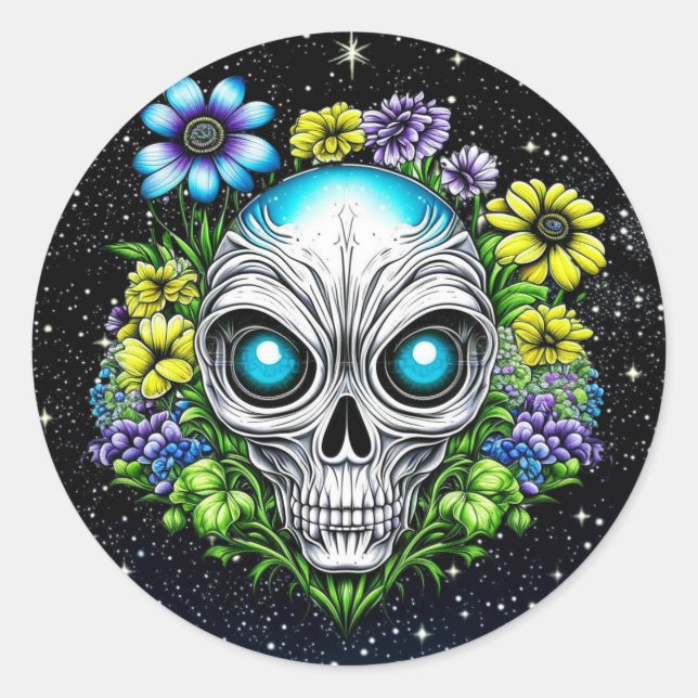 Alien Extraterrestristrie mit blauen Augen und Blu Runder Aufkleber (Vorderseite)