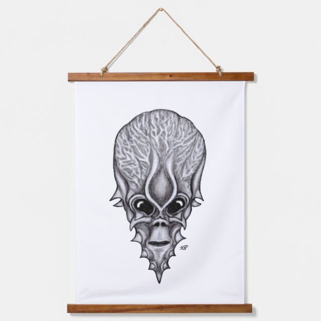 Alien Face, Afrikanische Schädelfaust Wiederaufbau Wandteppich Mit Holzrahmen (Vorderseite)