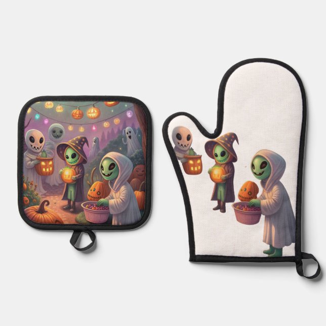 Alien Feast | Weird Sci-Fi Christmas Art Ofenhandschuh & Topflappen-Set (Vorderseite)