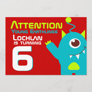 Alien Geburtstagsjunge 6. aqua orange Einladung