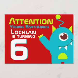 Alien Geburtstagsjunge 6. aqua orange Einladung