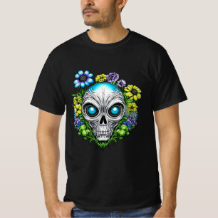 Alien Gesicht und Blume Kunst T-Shirt