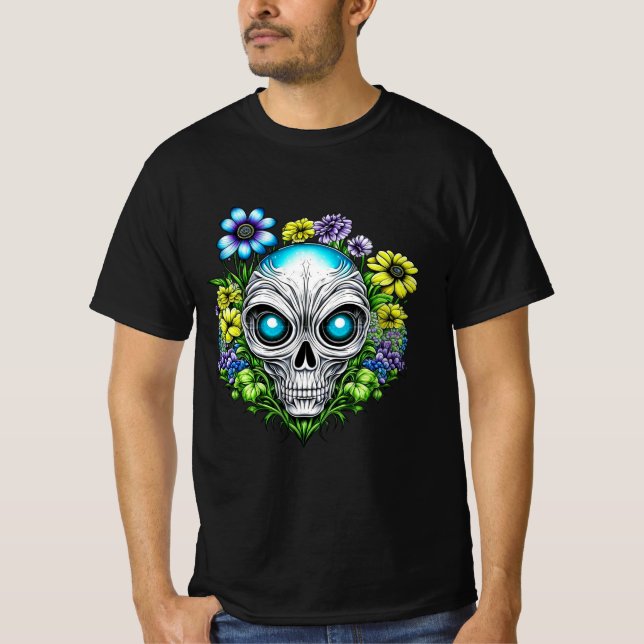 Alien Gesicht und Blume Kunst T-Shirt (Vorderseite)