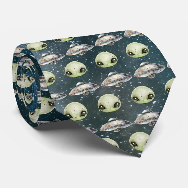Alien Head and Space Ship Krawatte (Gerollt)