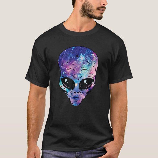 Alien Head Face Starry Night Sky UFO Hunter Space T-Shirt (Vorderseite)