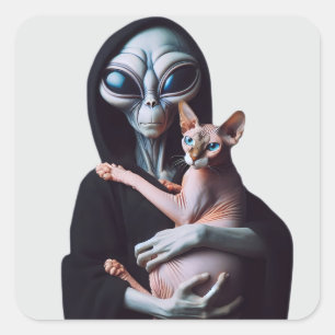 Alien Hugging Sphynx Cat Ufo Abduction Area 51 Quadratischer Aufkleber