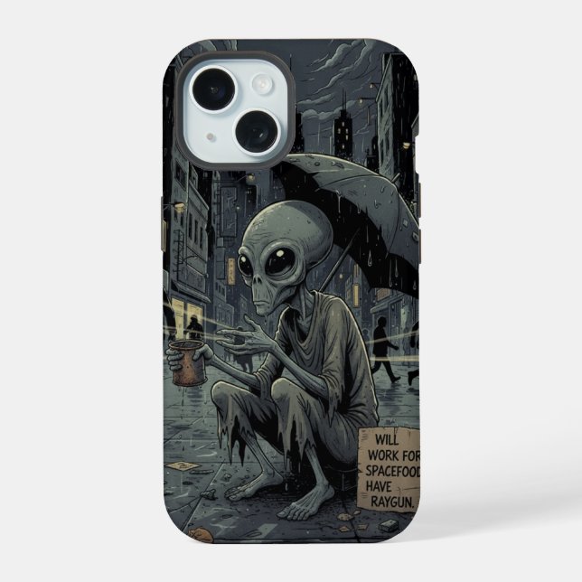 Alien im Regen iPhone 15 Hülle (Rückseite)