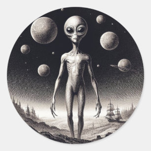 Alien im Weltraum in der Science Fiction Illustrat Runder Aufkleber