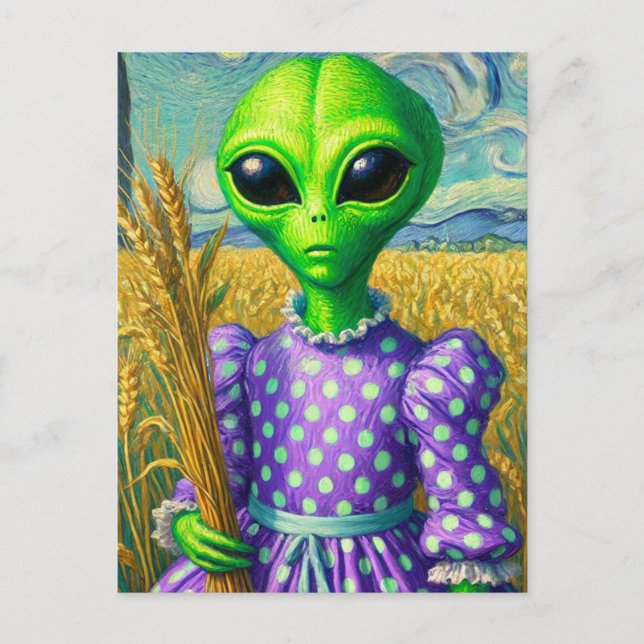 Alien in einem Polka-Dotentkleid auf dem Weizenfel Postkarte (Vorderseite)
