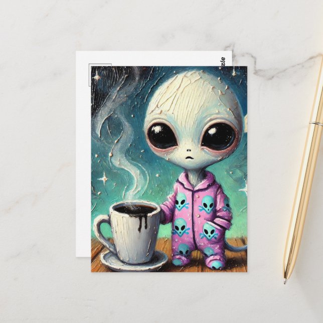 Alien in PJs mit Kaffee Postkarte (Vorderseite/Rückseite Beispiel)
