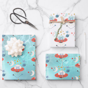 Alien in Raumschiff Muster Boy Birthday White Aqua Geschenkpapier Set