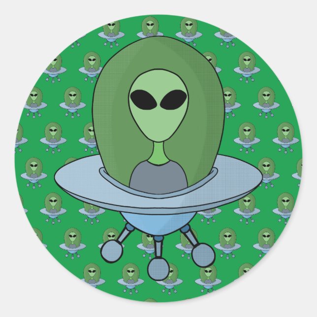 Alien in seinem kleinen Raumschiff Runder Aufkleber (Vorderseite)