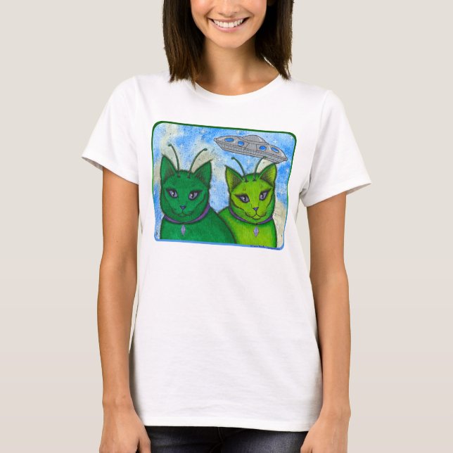 Alien-Katzen UFO-Raum-Fantasie-Katzen-Kunst-Shirt T-Shirt (Vorderseite)