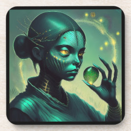 Alien Lady hält ein transparentes Glasobjekt Getränkeuntersetzer