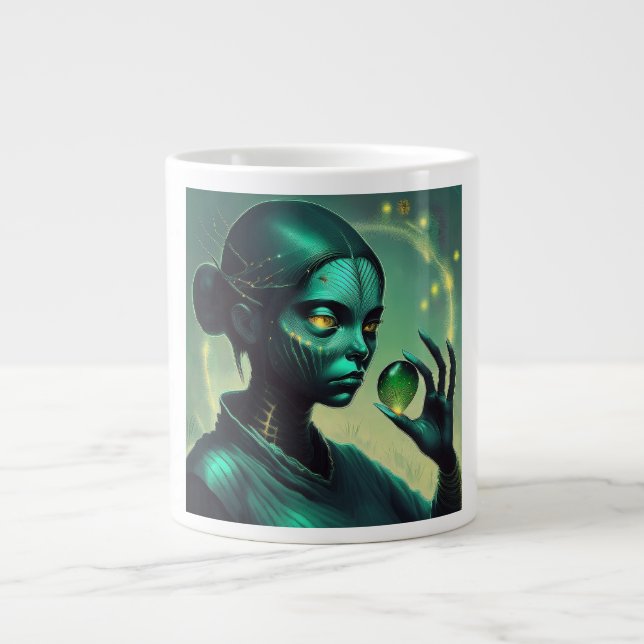 Alien Lady hält ein transparentes Glasobjekt Jumbo-Tasse (Vorderseite)
