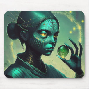 Alien Lady hält ein transparentes Glasobjekt Mousepad