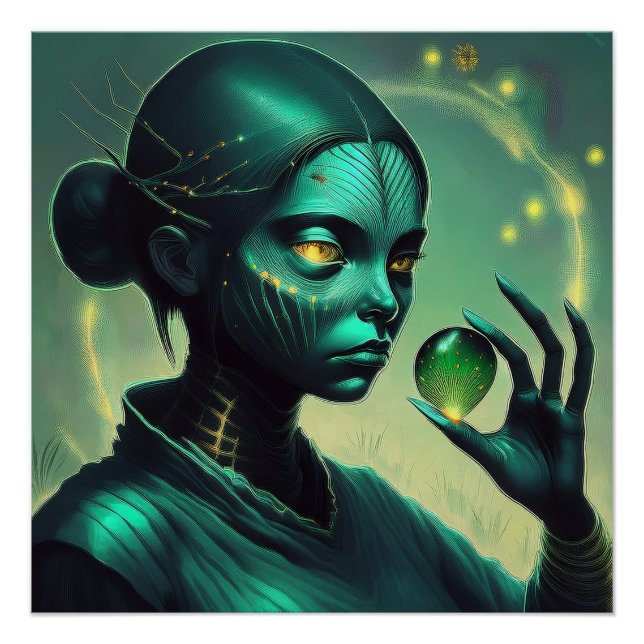 Alien Lady hält ein transparentes Glasobjekt Poster (Vorderseite)