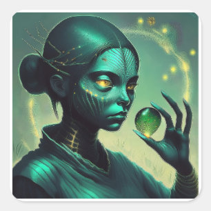 Alien Lady hält ein transparentes Glasobjekt Quadratischer Aufkleber