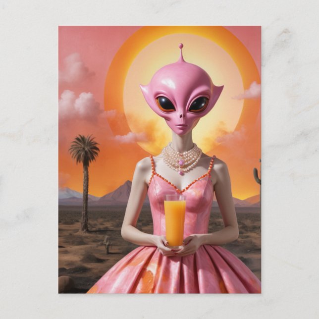 Alien Lady mit Orangensaft in der Wüste Postkarte (Vorderseite)